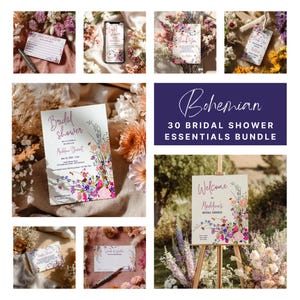 Boho Wildflower Brudshowerpaket Redigerbara mallar Spel, Skyltar, Inbjudningar, Sommarbröllopsduschpaket