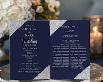 Program ślubu w kolorze granatowym i srebrnym brokatem: edytowalny szablon ceremonii