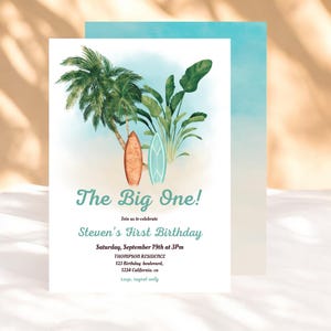 Surfboard First Birthday Party Invitation: Printable Beach Theme The Big One Surf Wave kids illustration