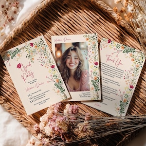 Convite de formatura Boho Wildflower para impressão com foto e cartão de agradecimento correspondente, turma de 2025, flores Boho pintadas à mão