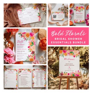 Op de afbeelding: Een verzameling benodigdheden voor een bruidsdouche met bloemmotieven in roze, oranje en geel. Inclusief uitnodigingen, receptkaarten, bedankkaarten en spelletjes. Een bord op een ezel leest "Welkom bij Madeline's bruidsdouche."