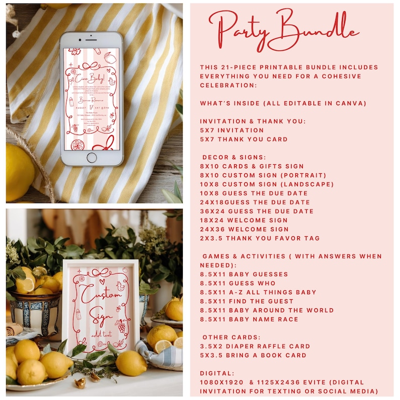 Puede incluir: Un paquete de fiesta rosa y blanco que incluye invitaciones, letreros, juegos y tarjetas. La imagen muestra un tel&eacute;fono inteligente que muestra un dise&ntilde;o de invitaci&oacute;n y un letrero enmarcado con el texto "Custom Sign". Tambi&eacute;n se ven limones y vegetaci&oacute;n.