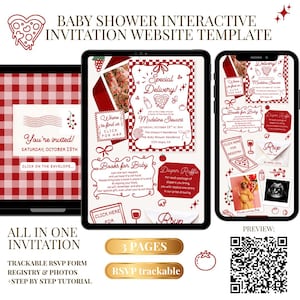 Puede incluir: Una plantilla de sitio web de invitación interactiva para baby shower mostrada en una tableta y un teléfono inteligente. El diseño presenta un patrón de cuadros rojos y blancos con texto que incluye Special Delivery, Books for Baby, Diaper Raffle y RSVP.