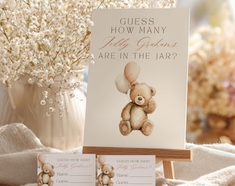 Bear Guess How Many Teddy Baby Shower Game: Balloon We Can Bearly Wait Neutral