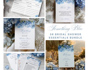 May include: A collection of bridal shower essentials with a blue hydrangea theme. Includes recipe cards, thank you notes, invitations, and game cards. A large sign says "Welcome" with the bride's name. The bundle is titled "Something Blue".