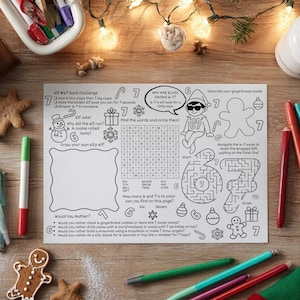 Può includere: Un foglio di attività natalizie in bianco e nero a tema elfo. Include un labirinto, una ricerca di parole e un'area di disegno. Il foglio ha il testo "Elf #67 Dare Challenge" e "Would You Rather?"