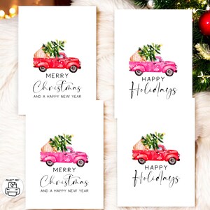 Conjunto de 4 cartões de Natal minimalistas simples | Caminhões vintage ilustrados em aquarela | Imprimível digital | Feliz Natal e Boas Festas