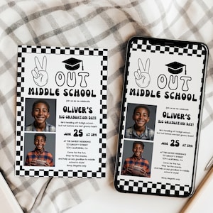 Invitación de graduación imprimible Peace Out Middle School con 2 fotos + 2 tamaños de Evites, plantilla editable en blanco y negro, graduación infantil
