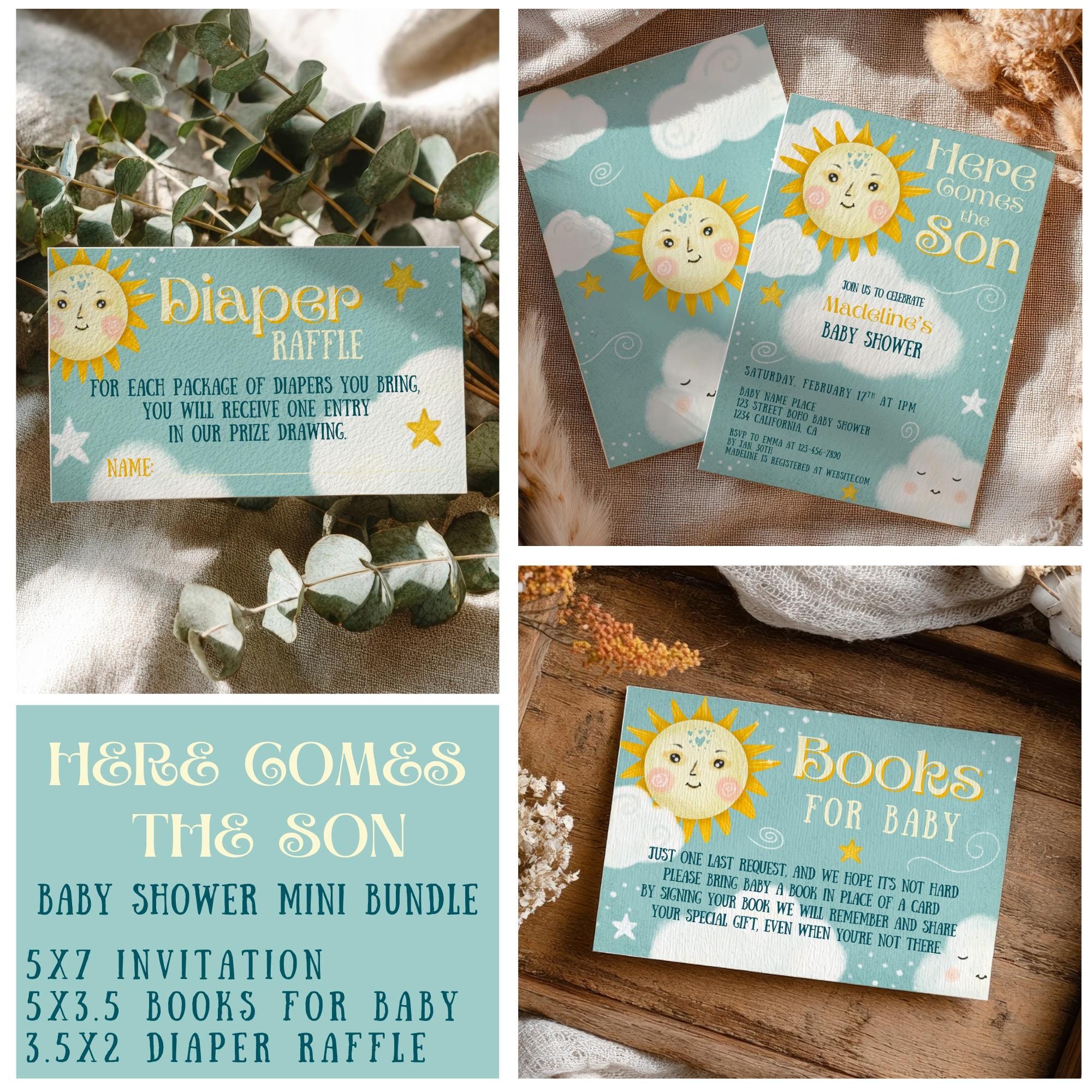 Here Comes the Son Baby Shower Printable Mini Bundle, Retro Sunshine Boy Baby Shower Invitation, Books for Baby, Diaper Raffle Template DIY