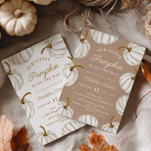2 inviti e inviti stampabili per baby shower a tema zucca - Modello modificabile neutro per autunno con sfondo Kraft o colorato