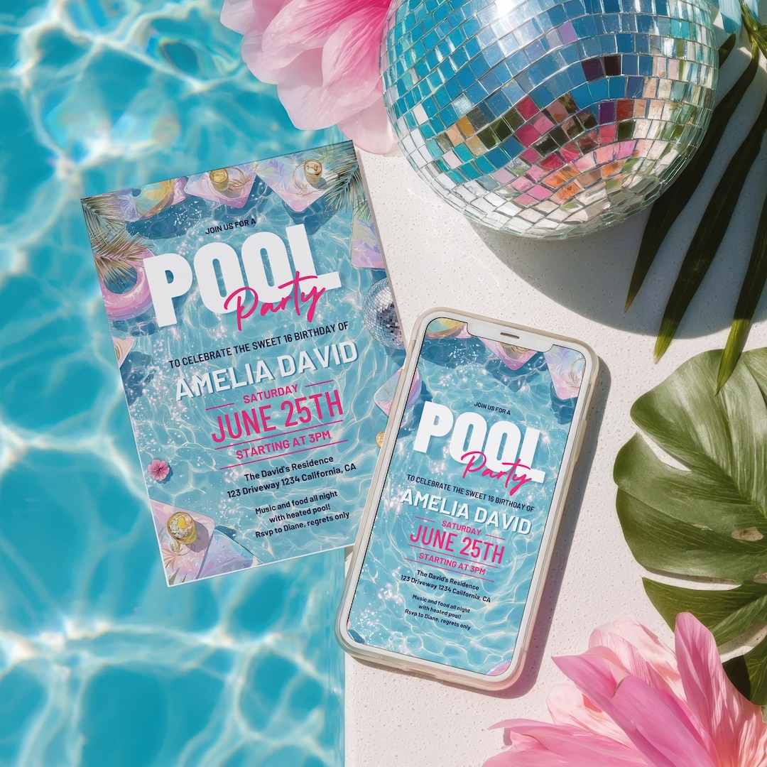 disco-pool-party-birthday-invitation-evite-gen-z-summer-sweet-16-fun