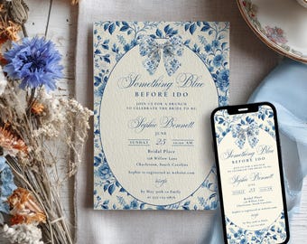 Vintage Toile de Jouy Bridal Shower Invitation + Evite: Chinoiserie, Blue Before I Do