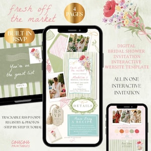 Può includere: Un modello di sito web per inviti a una festa nuziale visualizzato su tre smartphone. Gli schermi presentano sfondi a righe verdi, illustrazioni floreali, foto di una persona e testo tra cui "fresh off the market", "Madeline's BRIDAL SHOWER", "RSVP" e "DETAILS".