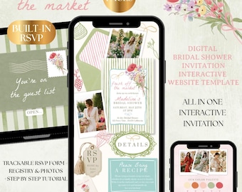 May include: A digital bridal shower invitation website template displayed on three smartphones. The screens feature green striped backgrounds, floral illustrations, photos of a person, and text including "fresh off the market," "Madeline's BRIDAL SHOWER," "RSVP," and "DETAILS."