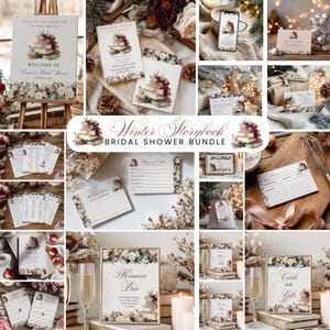 Puede incluir: Un conjunto de artículos de papelería para una despedida de soltera, que incluye invitaciones, letreros y tarjetas. Los diseños presentan una pila de libros coronada por un pastel y arreglos florales en borgoña, blanco y verde. El texto "Winter Storybook Bridal Shower Bundle" es visible.