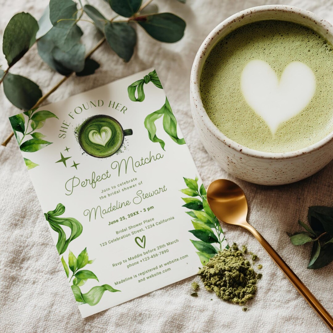 Matcha Bridal Shower Invitation & Evite: Editable Tea Party Boho Green ...