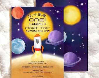 Primer viaje alrededor del sol, invitación de primer cumpleaños espacial dibujada a mano