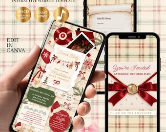 May include: A digital baby shower invitation website template displayed on three smartphones. The design features a red and green plaid background with Christmas-themed graphics, including stockings, a vinyl record, and a red bow with a wax seal.