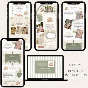 May include: A digital wedding invitation suite displayed on four smartphones and one laptop screen, featuring floral illustrations, watercolor cakes, and text including The Details, Our Love Story, and You're on the guest list.
