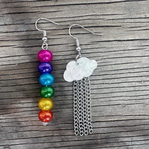 Rainbow & Rain Cloud Mismatch Earrings – Handmade Whimsy Jewelry