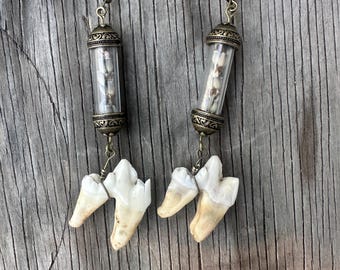 Lavender & Coyote Tooth Earrings – Witchy Apothecary Vial Jewelry, Handmade Mystic Dangle Pair