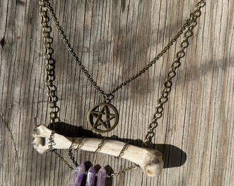 Bone & Amethyst Witch Pendant Necklace