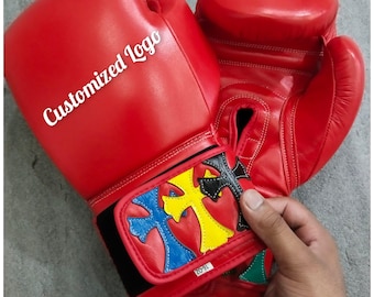 Handgefertigte rote Rindsleder Boxing 16 Unzen Chrom Herz Handschuhe mit individuellem Logo und buntem Kreuz Patch Art Design, Training-Sparring Handschuhe