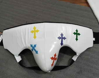 Professionelle hochwertige Custom Chrome Herz kleine Cup-Real Rindsleder Boxen Tiefschutz / Beschützer-Weiß mit Multicolor Cross Design