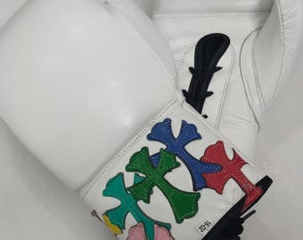 Premium 16 oz weiße handgefertigte echte Rindsleder Chrom Herzen Boxhandschuhe-Sparring, Training, Fitness, Kampf gegen Kampf Ausrüstung