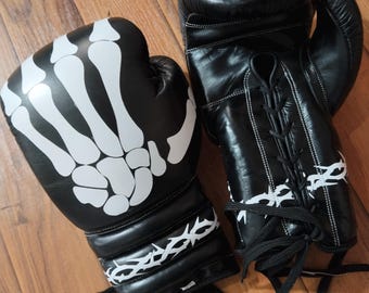 Maßgeschneiderte 14 Unzen Skeleton Boxhandschuhe - Schwarze Farbe, Rindsleder - Handgefertigt, Einzigartige, personalisierte Kampfausrüstung - Geschenk für Boxer oder MMA