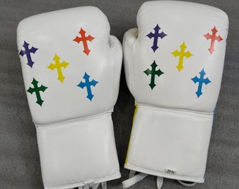 Benutzerdefinierte Chrome Heart White Echtes Rindsleder 14 Unzen Boxhandschuhe mit mehrfarbigem Cross Print Design-Training & Sparring-Fight Quality Gear