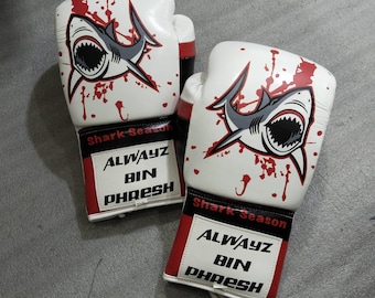 Personalisierte Hai 16 Unzen Boxhandschuhe | Benutzerdefinierte ''Always Bin Phresh'' Weisse und Rote Echte Rindsleder Trainingshandschuhe mit Haifisch Grafik