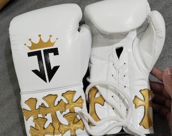 Chrome Heart Kundenspezifische 8-Unzen-Handschuhe mit reinem Rindsleder-Material in weißer Farbe, Sparring-Handschuhe, MMA-Handschuhe, Kampf-, Trainings-Handschuhe