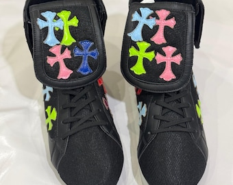 Handmade Black Boxing Shoes with Unique Multicolor Cross Patches-Custom Lightweight Fight Boots, Training & Competition Boxing Footwear