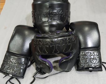 Custom Black Leather Boxing Gear Set with Chrome Heart Cross Stitching Design | Gloves+ Headgear +Groin Cup | Sparring, MMA & Muay Thai Gear