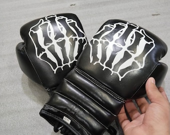 Halloween Skeleton Hand Design Schwarze Boxhandschuhe-14oz Echtes Rindsleder Trainingsgang für Boxen, MMA, Fitness, Sparring und Martial Arts