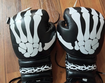 Customized 14 oz Skeleton Boxing Gloves- Black Color, Cowhide Leather-Handmade, Unique, Personalized Fighting Gear- Gift For Boxer OR MMA