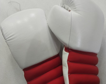 Vintage Style 16 Unzen Boxhandschuhe Klassische Rot & Weiß Handgefertigte Schnürsenkel Handschuhe aus echtem Rindsleder für Sparring und Training, MMA Sportausrüstung