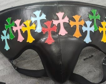 Protector de ingle de cuero de vaca auténtico con diseño de corazón cromado "M" personalizado, hecho a mano, con patrón cruzado multicolor. Equipo de boxeo.