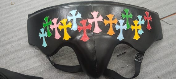 Unique Custom Chrome Heart ''M'' Groin Guard-Handmade Real Cowhide Leather Boxing Protector in Multicolor Cross Pattern/Design Boxing Gear