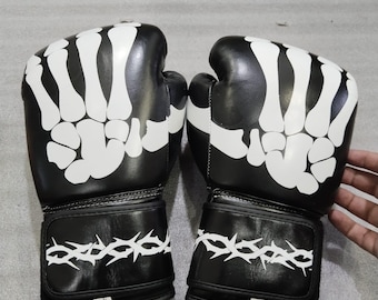 Skeleton Design Boxhandschuhe-12oz Schwarz & Weiße Rindsleder Gym Training Handschuhe für Muay Thai, Kickboxen, Sparring, MMA-Fighting Equipment