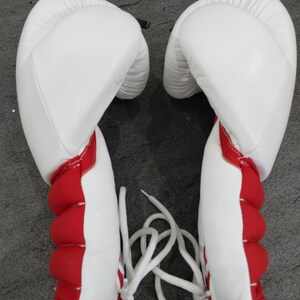 Pu&ograve; includere: Un paio di guantoni da boxe bianchi con dettagli rossi sul polso e lacci bianchi. I guantoni sono realizzati in materiale liscio e sembrano nuovi. Sono progettati per la boxe o altri sport da combattimento.