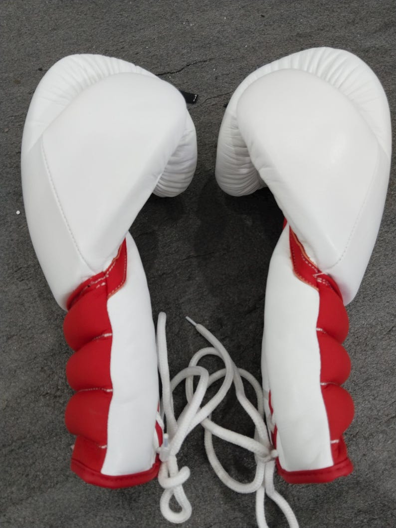 Pu&ograve; includere: Un paio di guantoni da boxe bianchi con dettagli rossi sul polso e lacci bianchi. I guantoni sono realizzati in materiale liscio e sembrano nuovi. Sono progettati per la boxe o altri sport da combattimento.