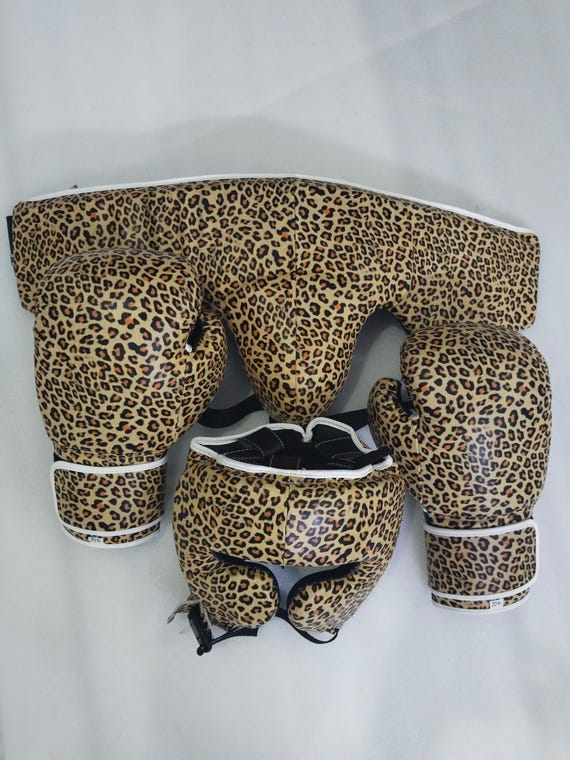 Handmade Luxury Leopard Skin Boxing Set-16oz Gloves, Medium Headgear & Groingear-Custom-Premium-Sparring-Training-Fitness-Practice Gear