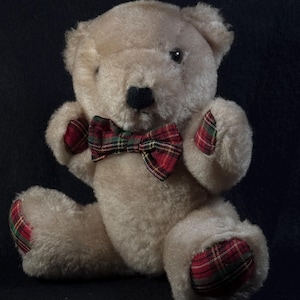 Op de afbeelding: Een beige pluche teddybeer met een rood, groen en geel geruite vlinderdas om de nek. De beer heeft bijpassende geruite stoffen accenten op de voetzolen en de handpalmen, met een zwarte geborduurde neus en donkere ogen.