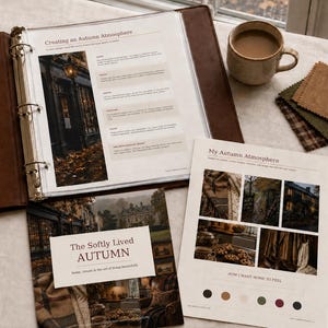 May include: A brown leather three-ring binder containing pages titled Creating an Autumn Atmosphere, a booklet titled The Softly Lived AUTUMN, a My Autumn Atmosphere planning sheet with photos, a ceramic mug, fabric swatches, and a dark pencil.