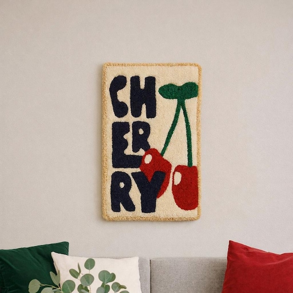 Handmade Cherry Wall Hanging Tufted Rug: Tufted Retro Fruit Decor