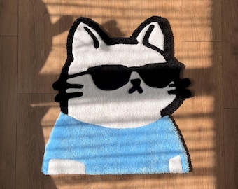 Custom Handmade Tufted Cat Rug – Stylish Cat with Sunglasses Decor