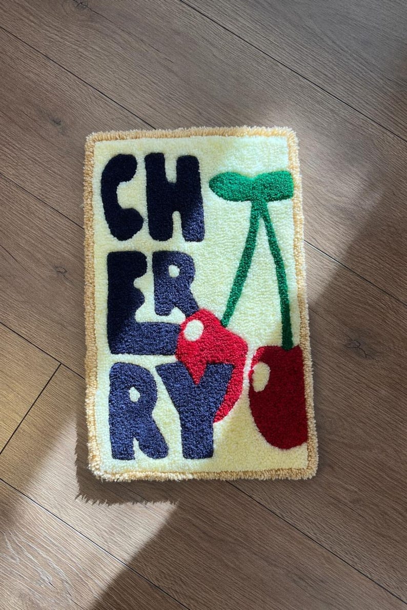 Handgemaakt getuft wandkleed kersenhout: getuft retro fruitdecor afbeelding 2