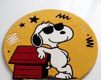 Hand Tufted Dog Rug, Yellow Round Carpet, Sunglasses Dog, Pop Art Home Decor